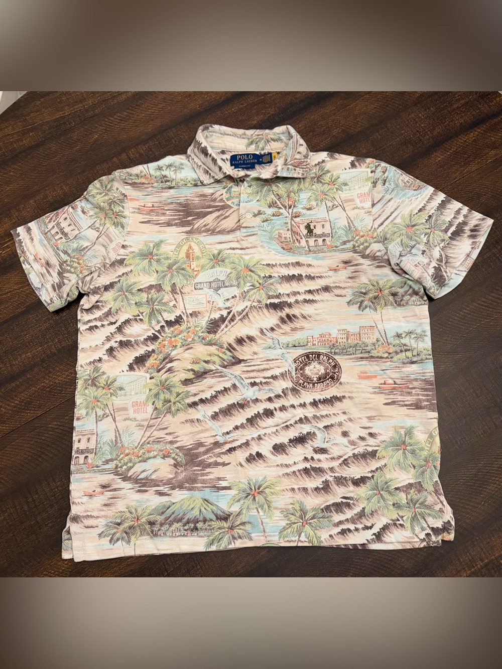 Polo Ralph Lauren Hotel Beach Playa Scene Polo Shirt Custom Slim Fit Sz. M